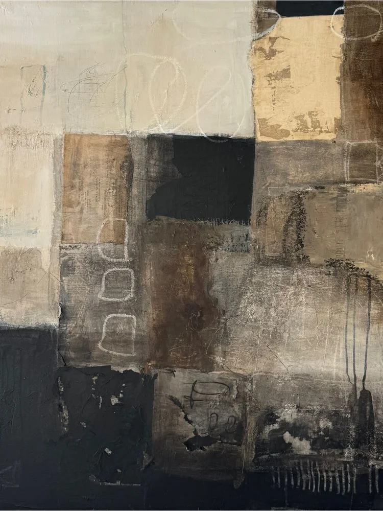 abstract painting with squares in bron, beige, with and black colours